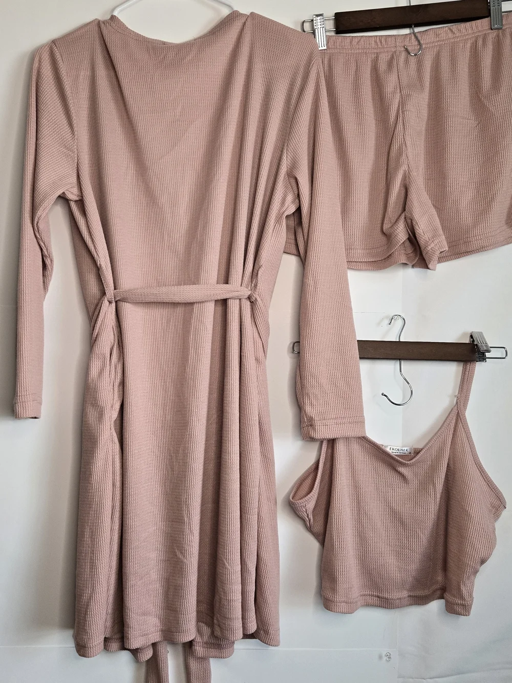 Ekouaer Women's Ribbed Knit 3 piece Lounge pajama set M long cardigan robe Rose
